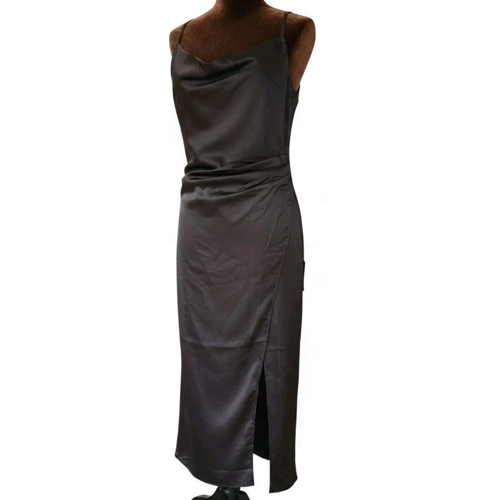 NWT Lulus Satin Black Dress Size M Slit Wedding Guest Black Tie Sleeveless